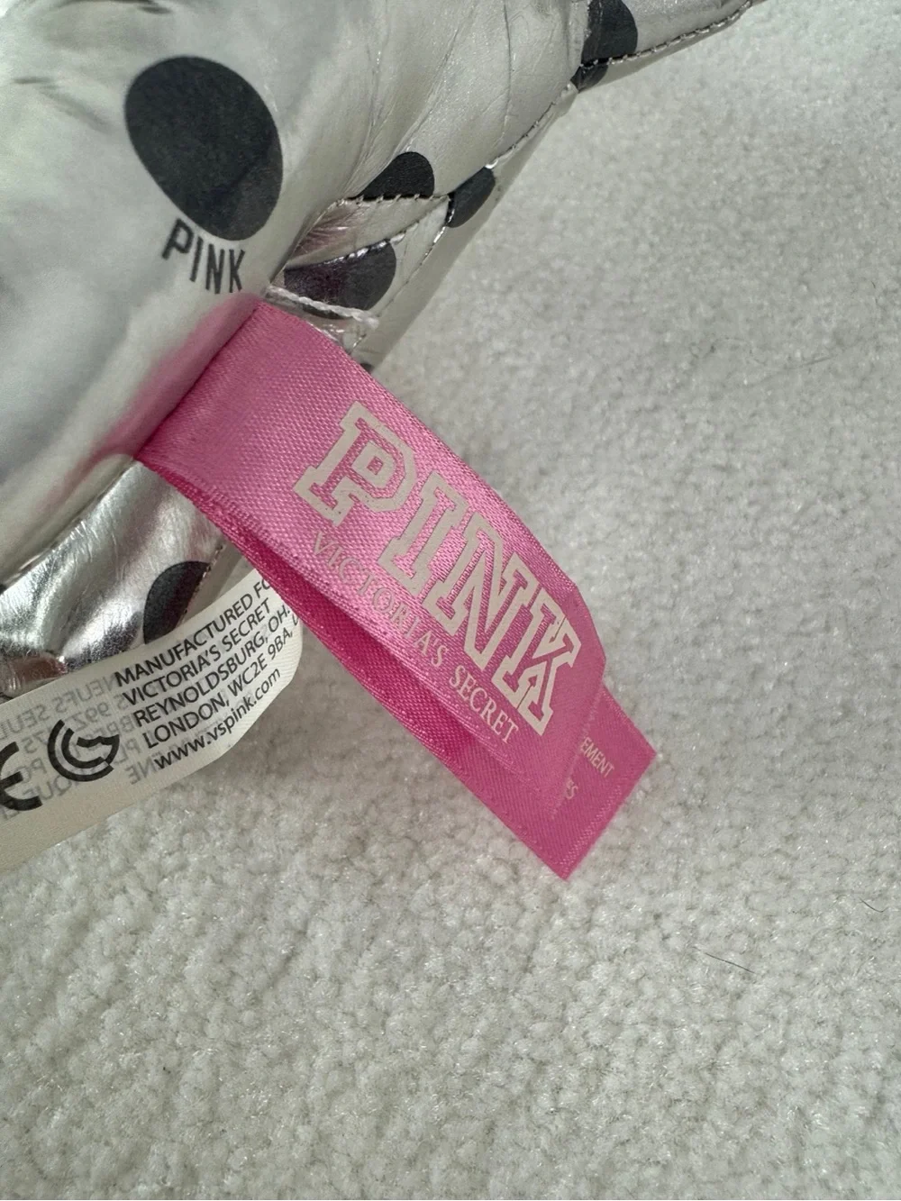 PINK Victoria’s Secret Silver Polka Dot Dog Plush Stuffed Animal Collectible Toy